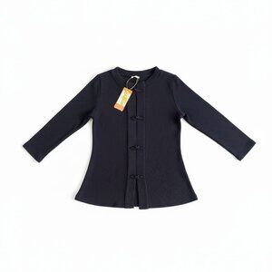 OGL Ribbed Frog Button Navy Knit Top Large | French Style Stretch | NWT